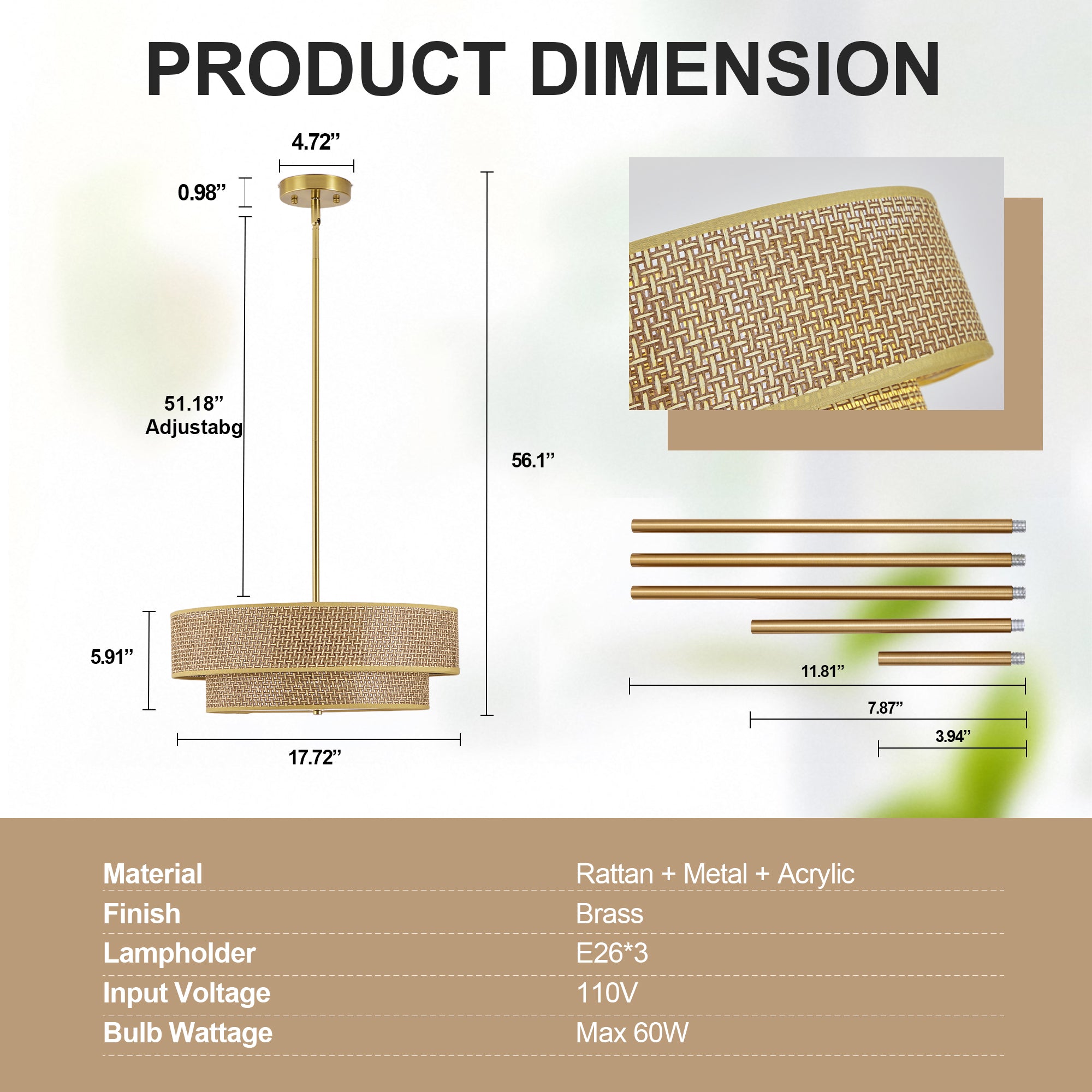 Aurelia Organic 3-Light Rattan & Brass Chandelier